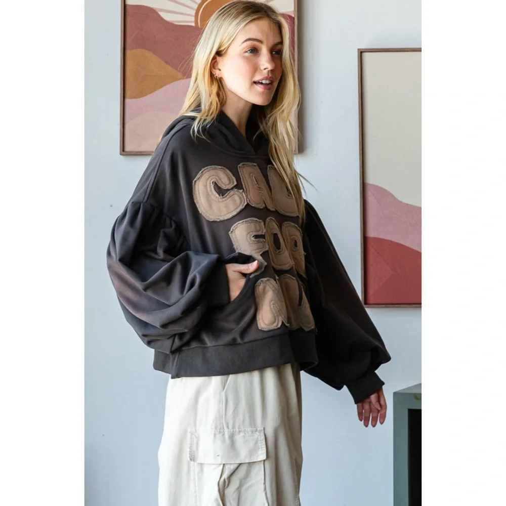 Oli & Hali Charcoal California Letter Patch Hoodie Sweatshirt - Picture 4 of 7